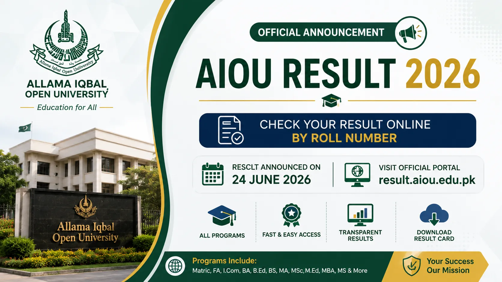 AIOU Result 2026 Announced Today – Check By Roll Number Matric, FA, BA, MA