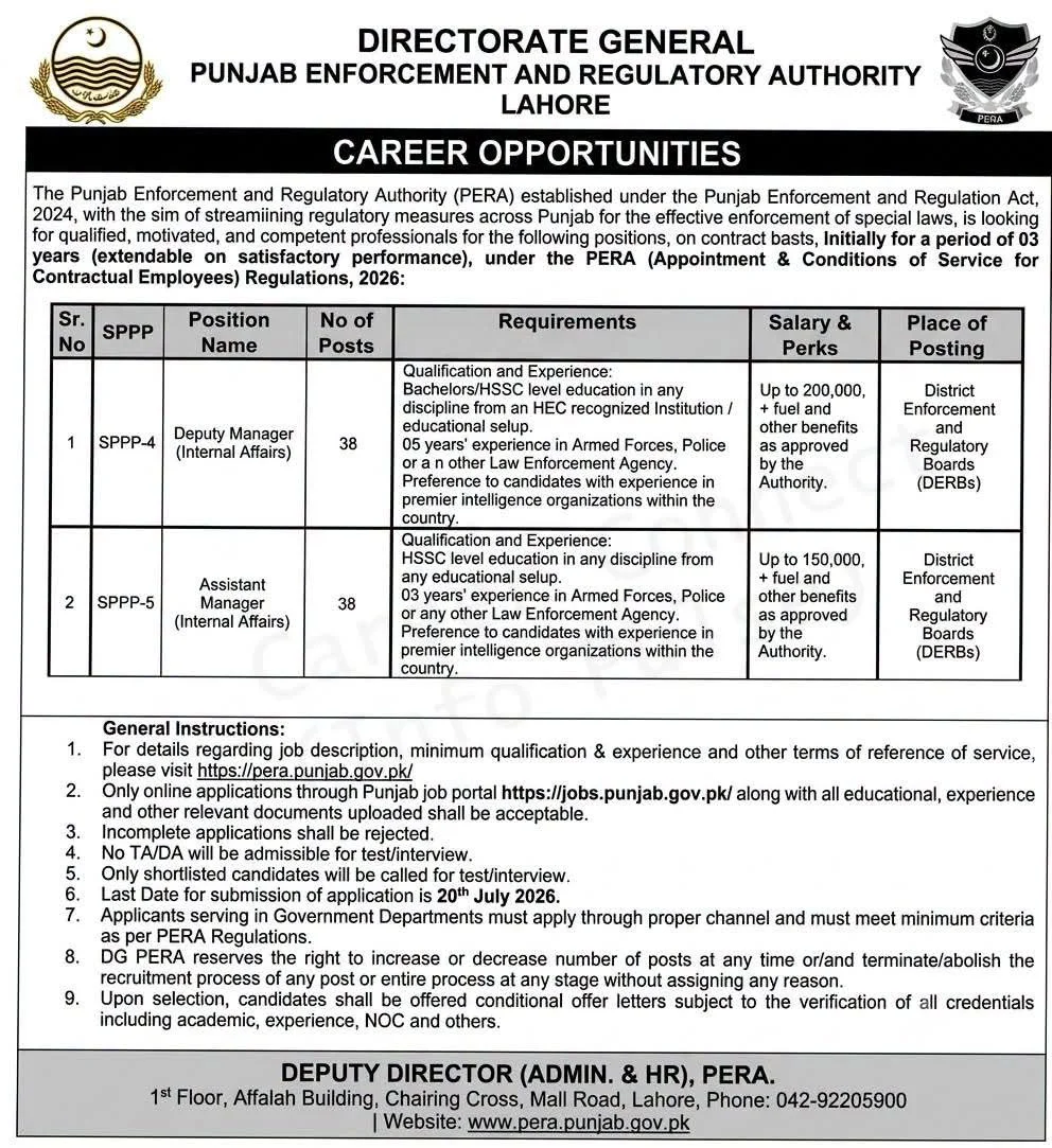 Punjab Enforcement and Regulatory Authority Jobs 2026 Advertisement